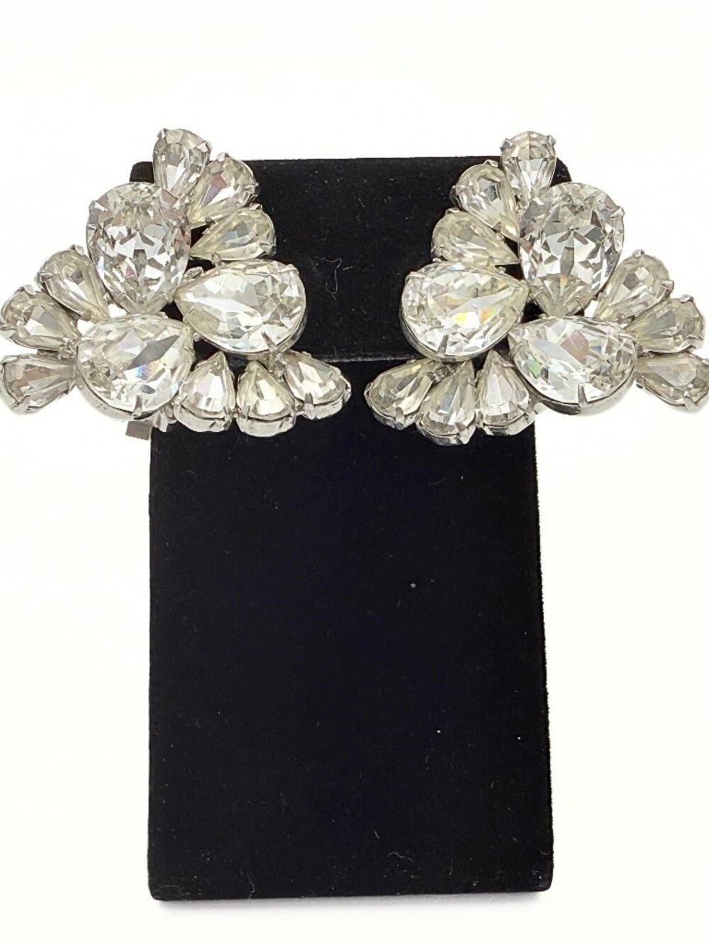 Vintage Foiled Rhinestone Large Statement High End Bridal Crystal Clip Earrings